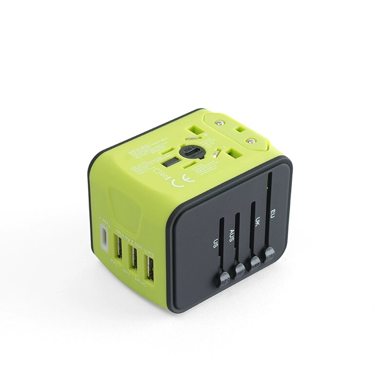 Зеленая розетка-переходник для путешествий с 3 USB и 1 Type-C, универсальная для международных сетей, компактная