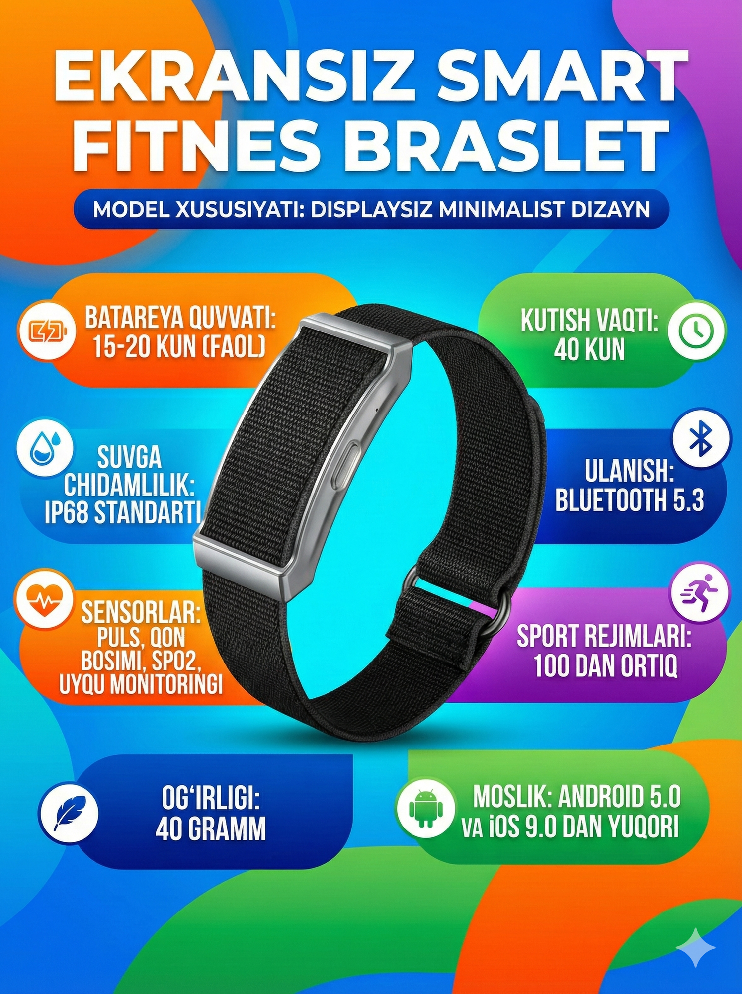 Фитнес браслет без экрана – Умный трекер здоровья, Шагомер, Пульсометр (Влагозащита IP68, 20 дней заряда)