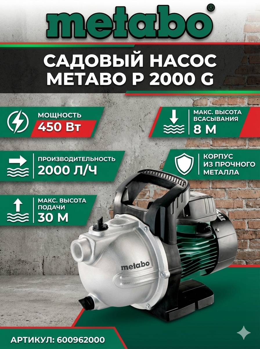 Насос Metabo P2000G, 600962000 для чистой воды, асинхронный, компактный