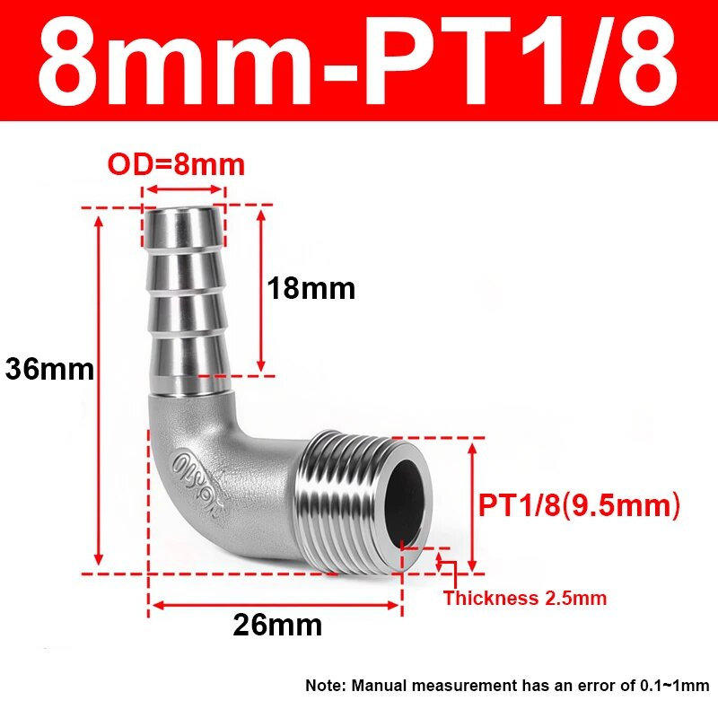 Угловой фитинг 8mm-PT1/8" из нержавеющей стали 304