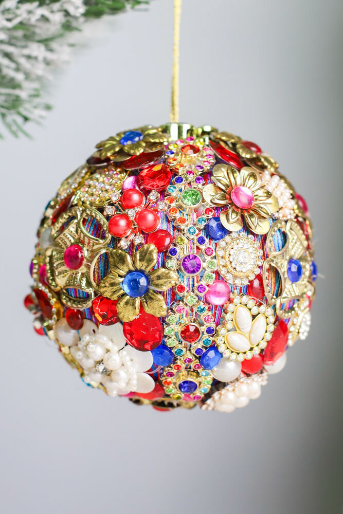 Ёлочный шар ювелирная фантазия, текстиль, стразы, бусы, 10 см, EDG 6500779A999