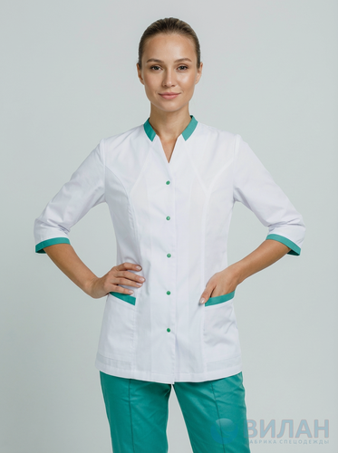 Изображение товара Костюм медицинский женский вилан, белая, отделка бирюзовая, тк. Тиси, размер 44-46, рост 158-164 см