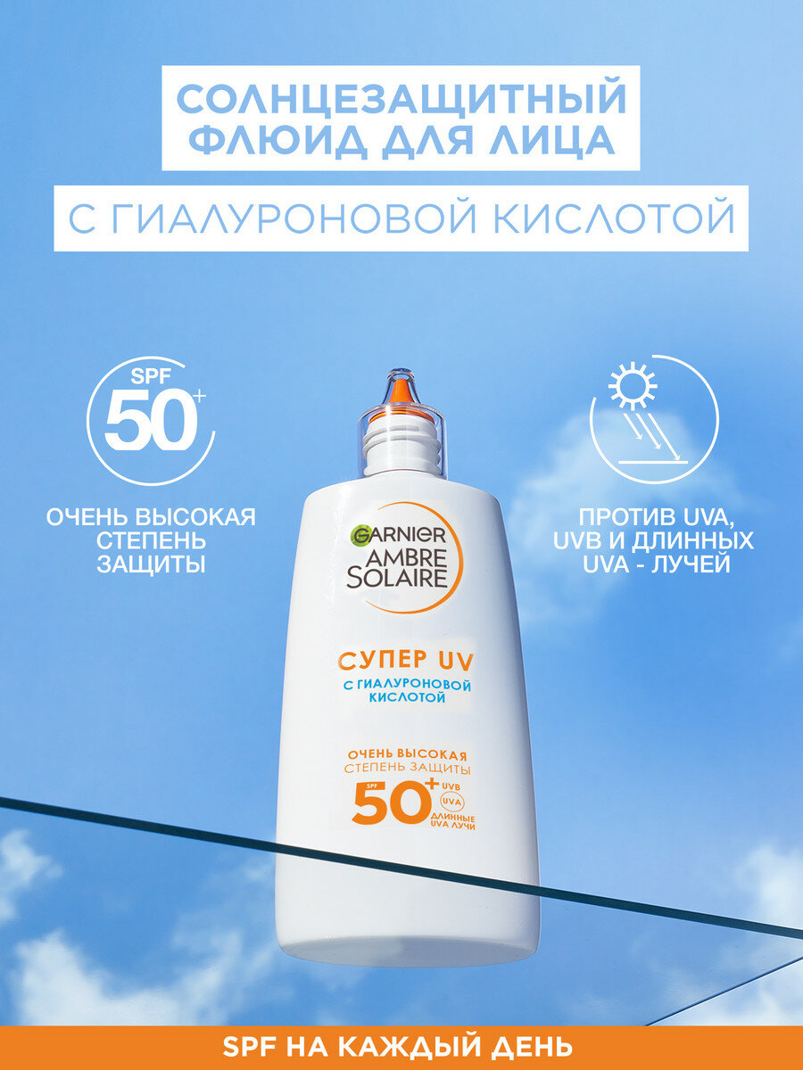 GARNIER увлажняющий солнцезащитный флюид с гиалуроновой кислотой Ambre Solaire Супер UV SPF 50+, 40 мл — фото 1