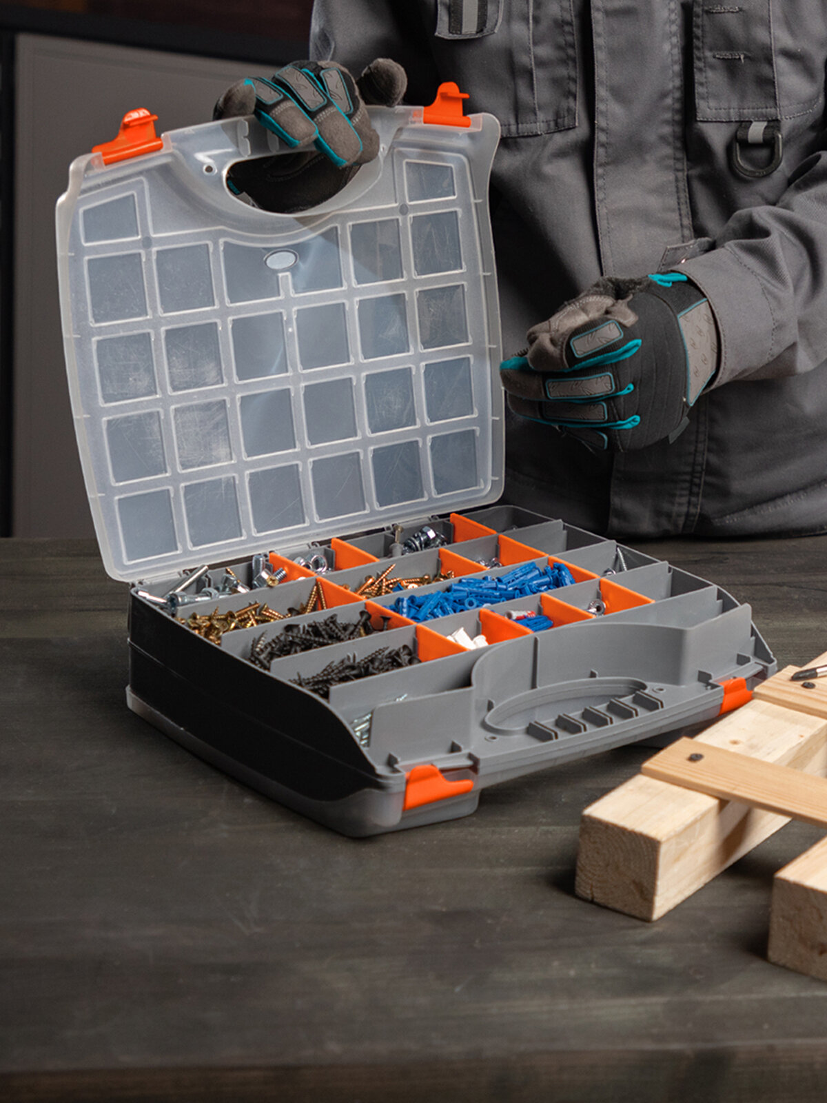 Органайзер для инструментов двухсторонний Stels, 325 х 280 х 85 мм, пластик, регулируемые секции, защелки и ручка, 90709 — фото 1