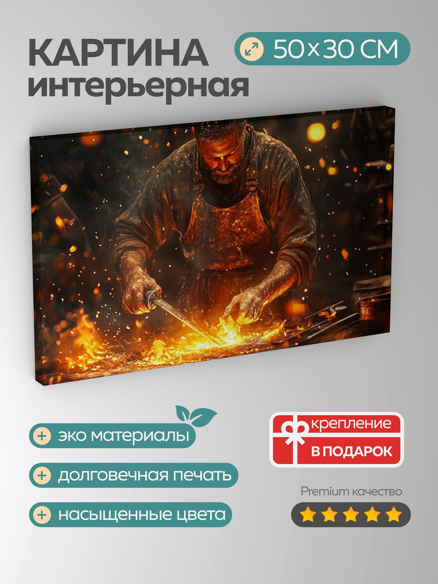 Картина на холсте интерьерная 50х30 см  кузнец  меч  пламя  металл  кузница  искры  угли  энергия  темный  мистический