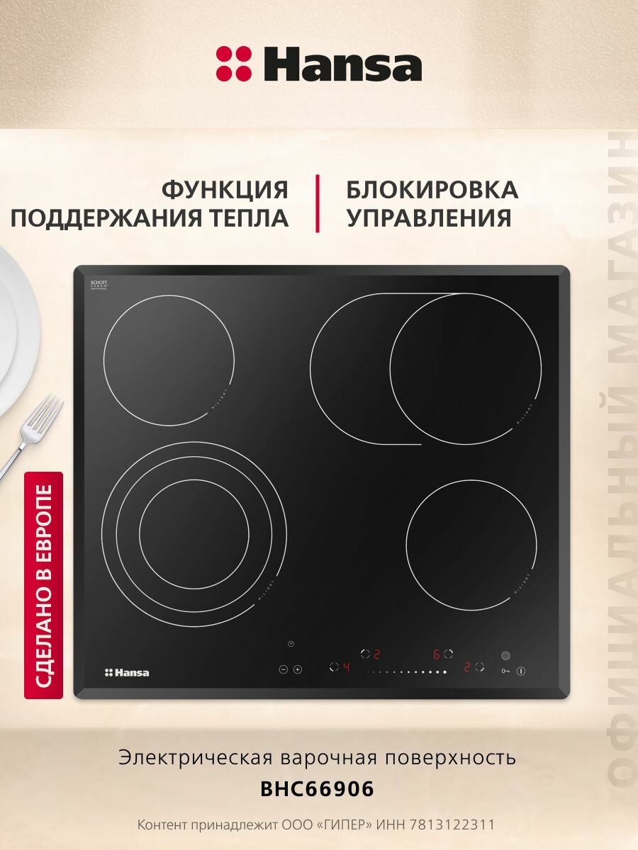 Электрическая варочная панель Hansa BHC66906, встраиваемая, 60 см, автоматика закипания, таймер автоматического отключения