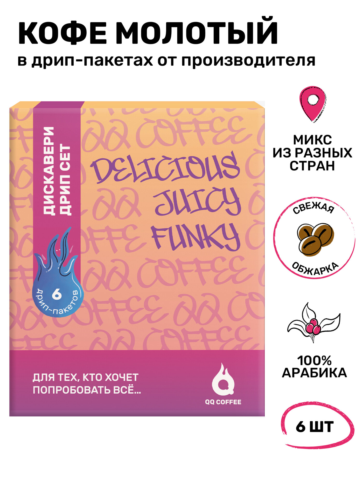 Спешелти кофе в дрип пакетах дискавери дрип СЕТ - 6 штук в коробке QQ COFFEE