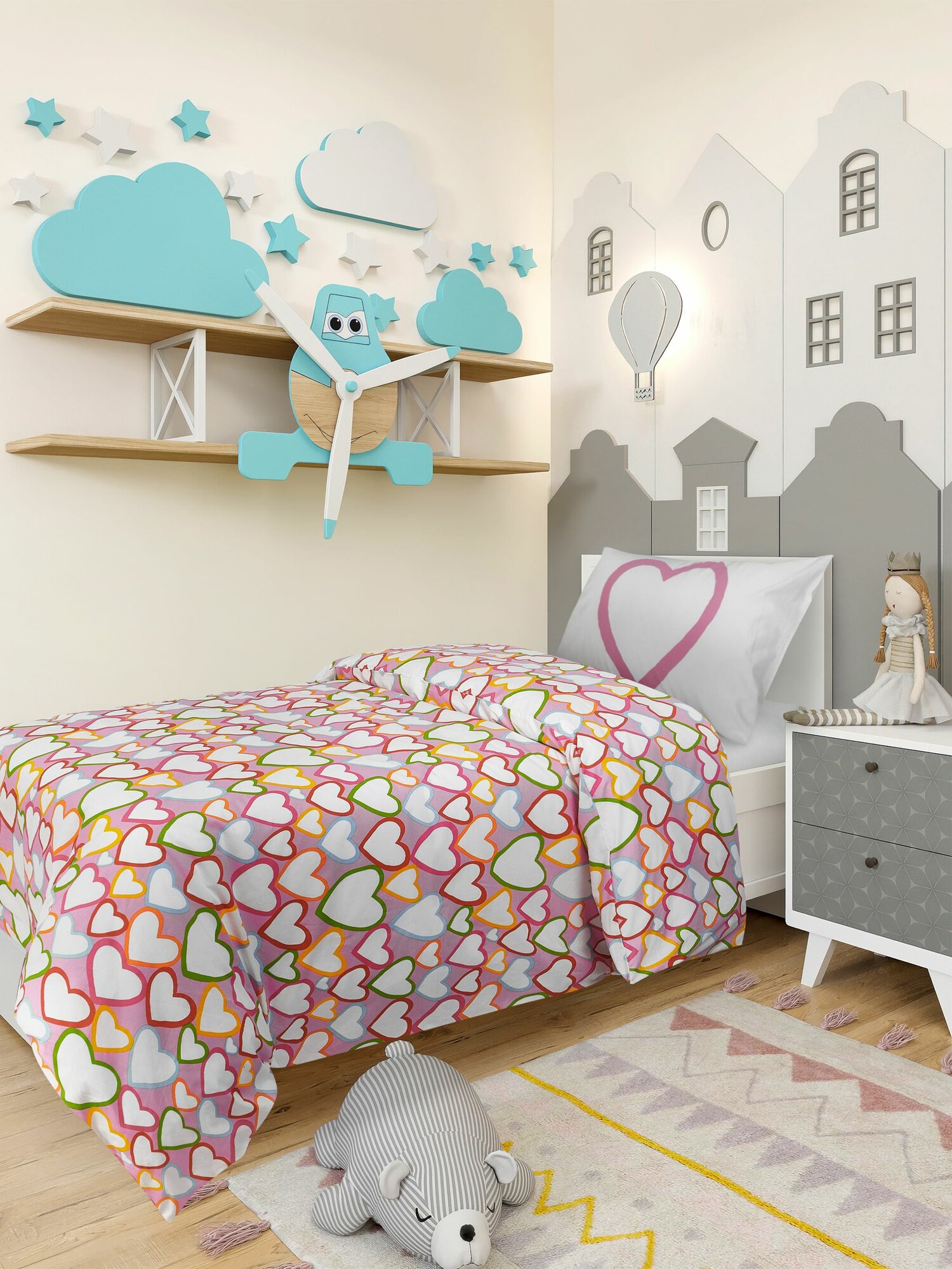 Постельное белье 1,5 сп Нарни/VITAMINER HJÄRTA, бязь, пододеяльник 150х200, наволочка 50x70 (1 шт) Feresa Hygge