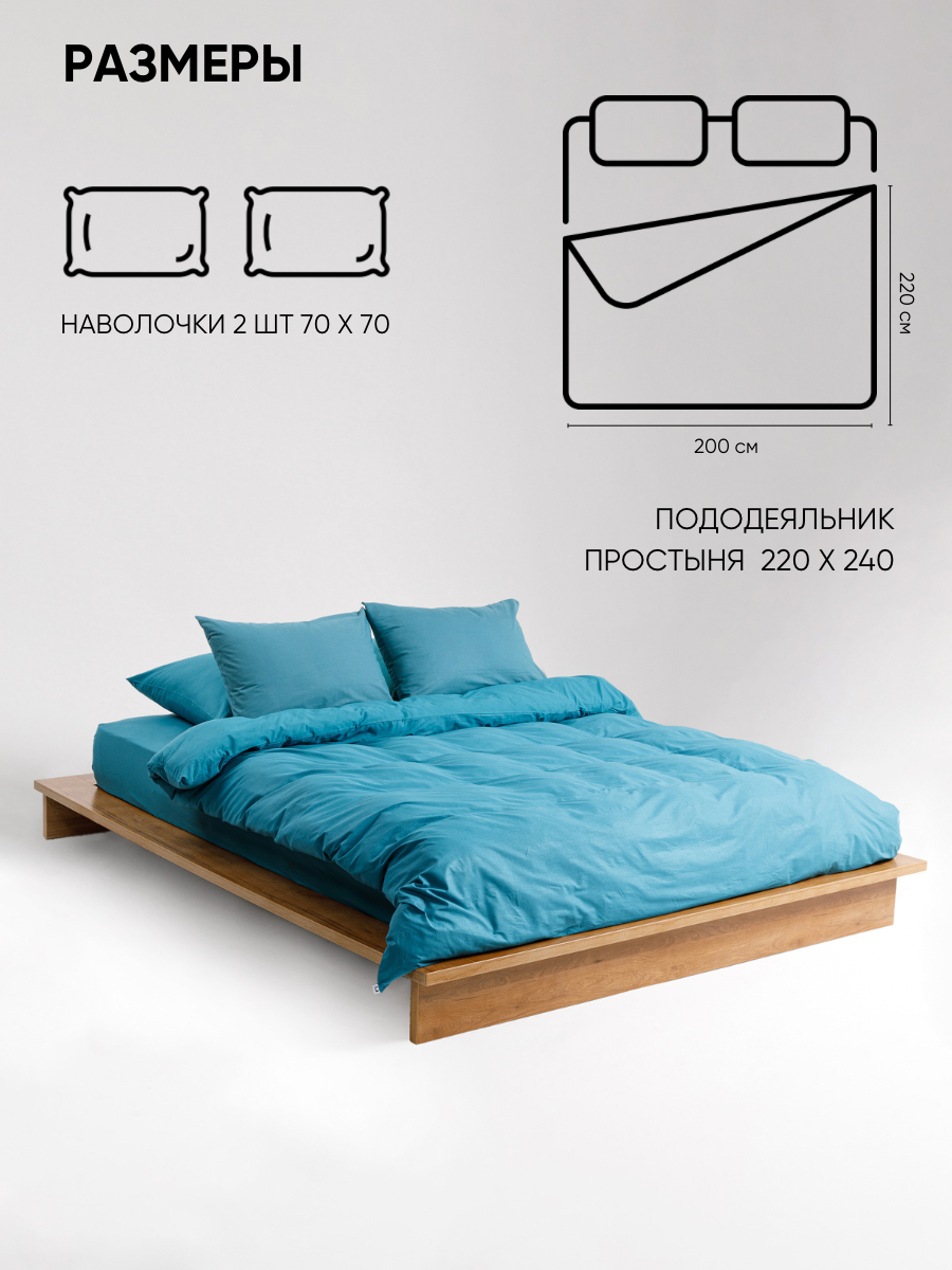 Постельное белье на молнии однотонное Urban Family (аналог икеа), Темно-бирюзовый, евро, наволочки на молнии 70х70, 100% хлопок, перкаль — фото 1