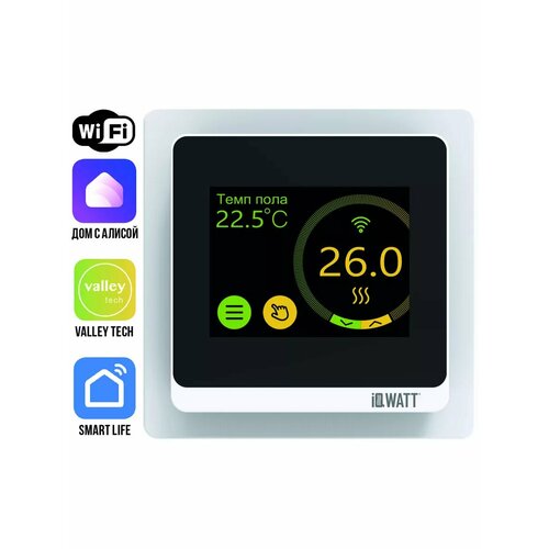 фото Программируемый терморегулятор с цветным сенсорным tft дисплеем smart heat wi-fi white и голосовым управлением алиса 400110 белый iqwatt