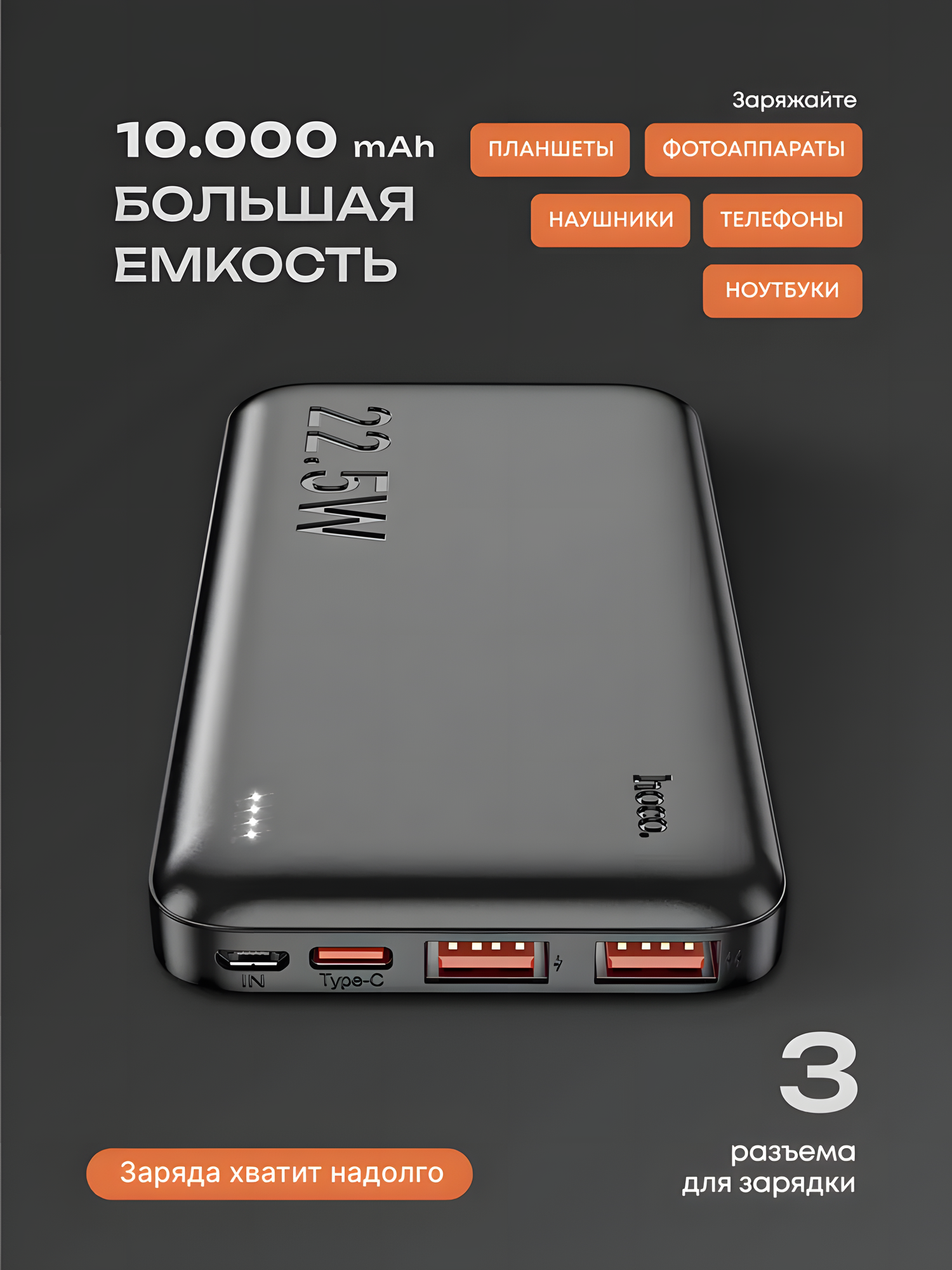 Повербанк Hoco J101, быстрая зарядка 22.5W, 10 000 мАч, в чёрном и белом цвете.
