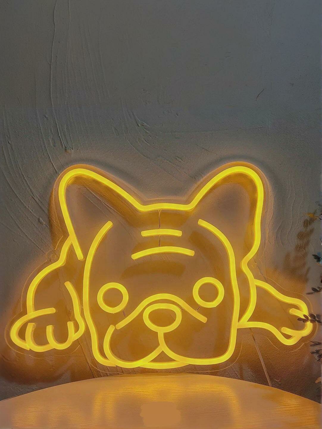 Неоновая вывеска, светильник декоративный Собачка Мопсик, 52х32 см.