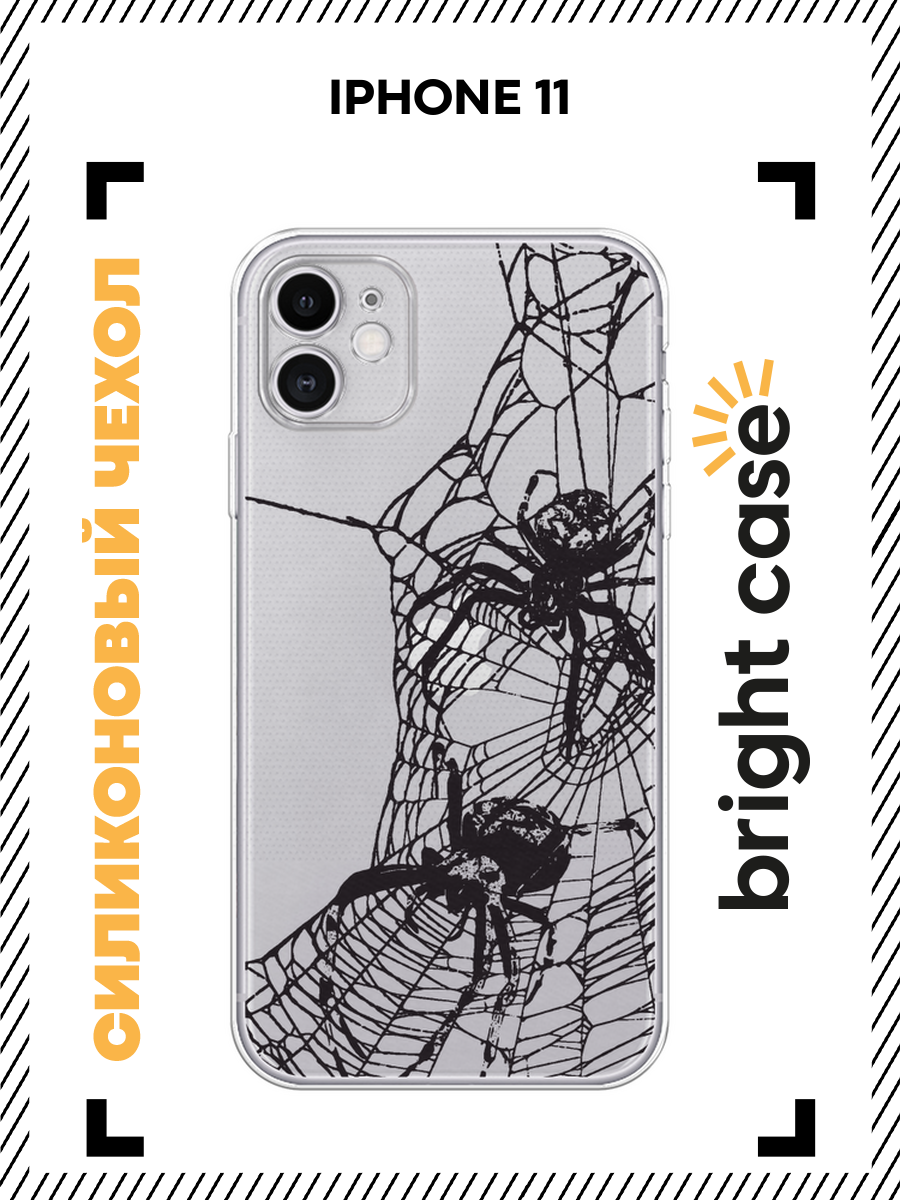 Чехол на Apple iPhone 11 / Айфон 11 с принтом Черные пауки, прозрачный