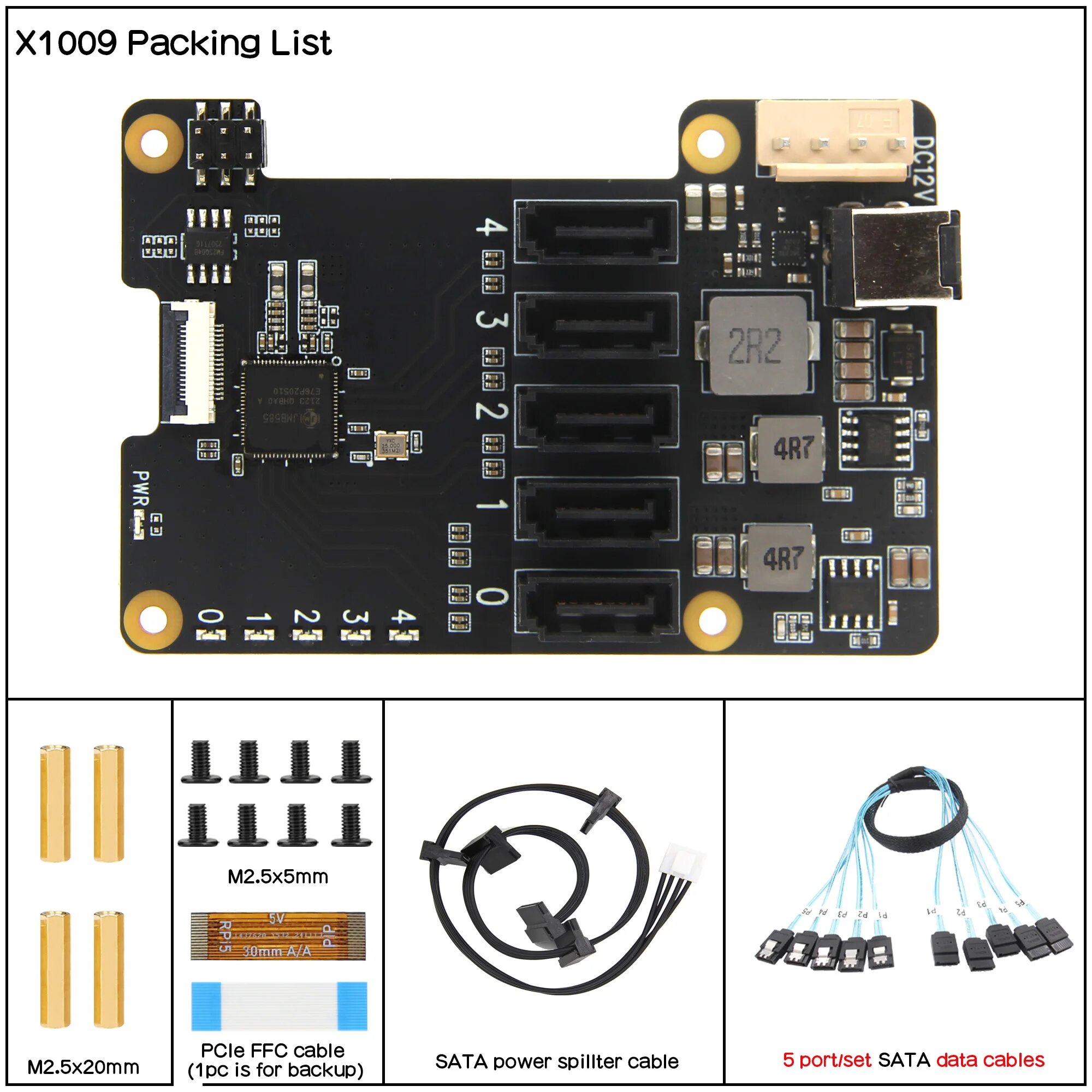 Geekworm X1009 PCIe — 5-портовый экран SATA для Raspberry Pi 5 (НЕ поддерживающий чехол от HDD/SSD), X1009 and Cable
