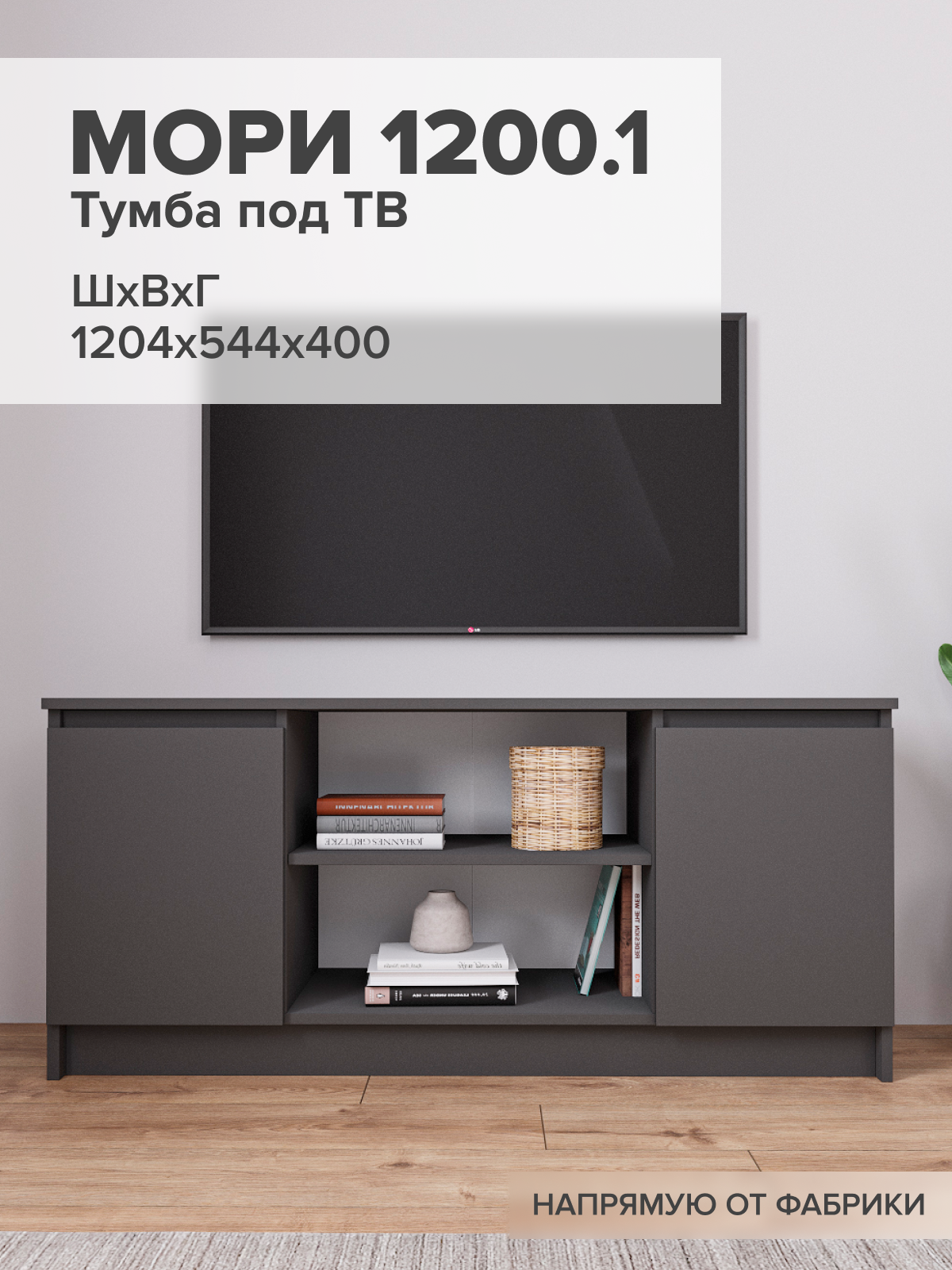 Тумба под телевизор ДСВ Мебель Мори 1200.1, ЛДСП графит матовый, без лицевой фурнитуры