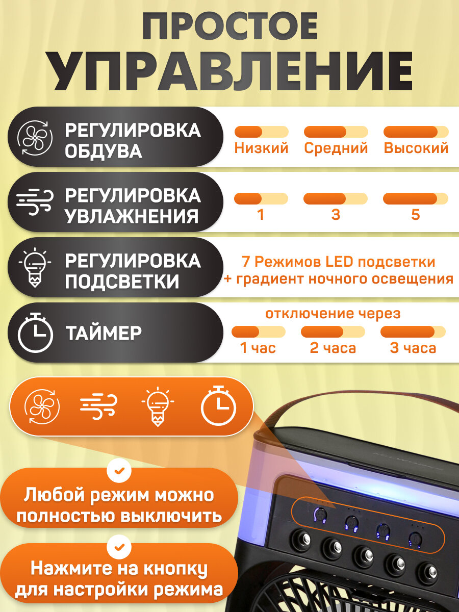 Вентилятор настольный с увлажнителем 500 мл 7 цвет USB, 3 скор, 10Вт, разм S, черн, MW HF-4211 — фото 1