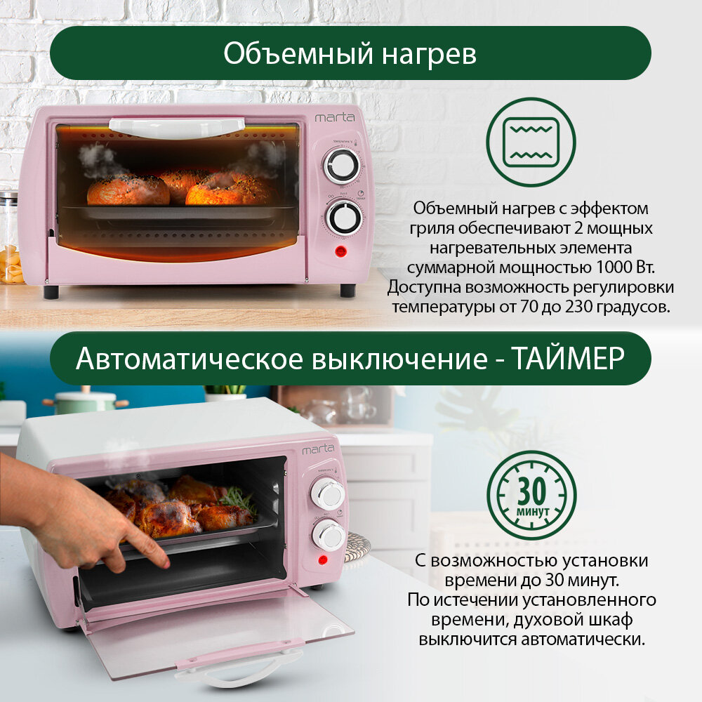 Духовка духовой шкаф мини-печь MARTA MT-4282 12 литров гриль розовый опал — фото 1