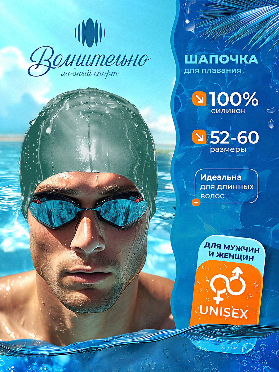 Шапочка для плавания Волнительно, цвет ментол (Riptide Blue), размер 52-60, арт. SC01/ментол