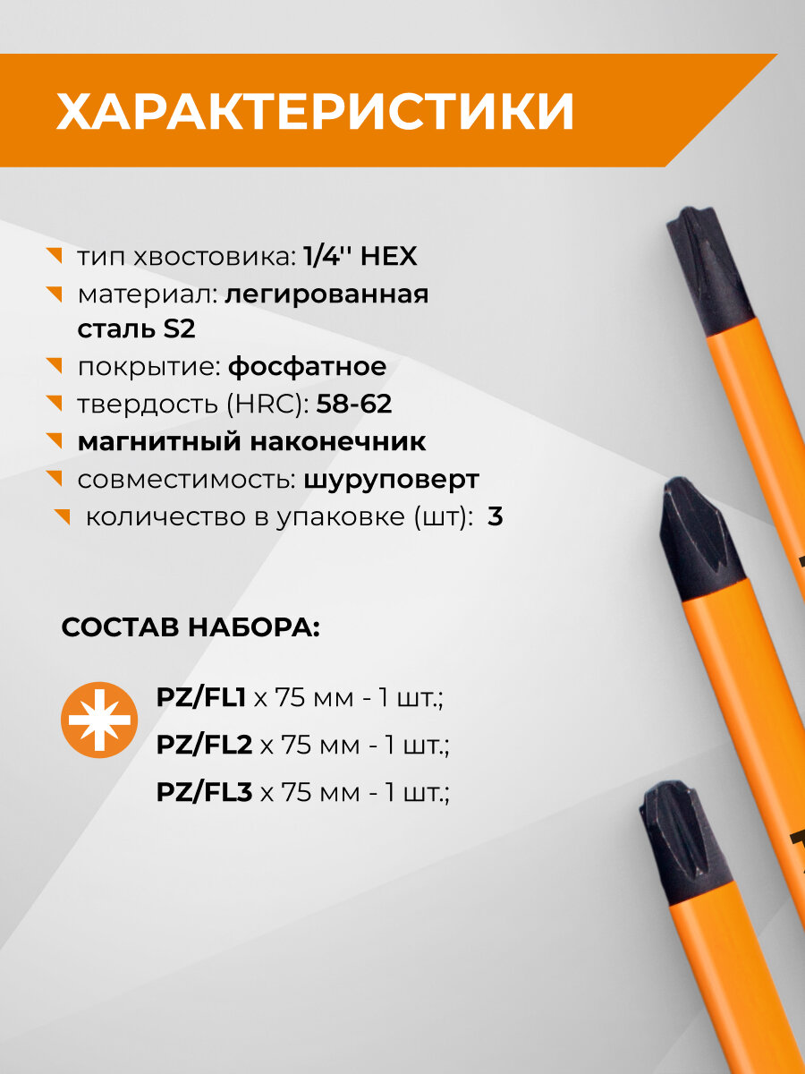 Биты магнитные S2 PZ/FL1 PZ/FL2 PZ/FL3 x 75 мм 3 шт RAGE — фото 1