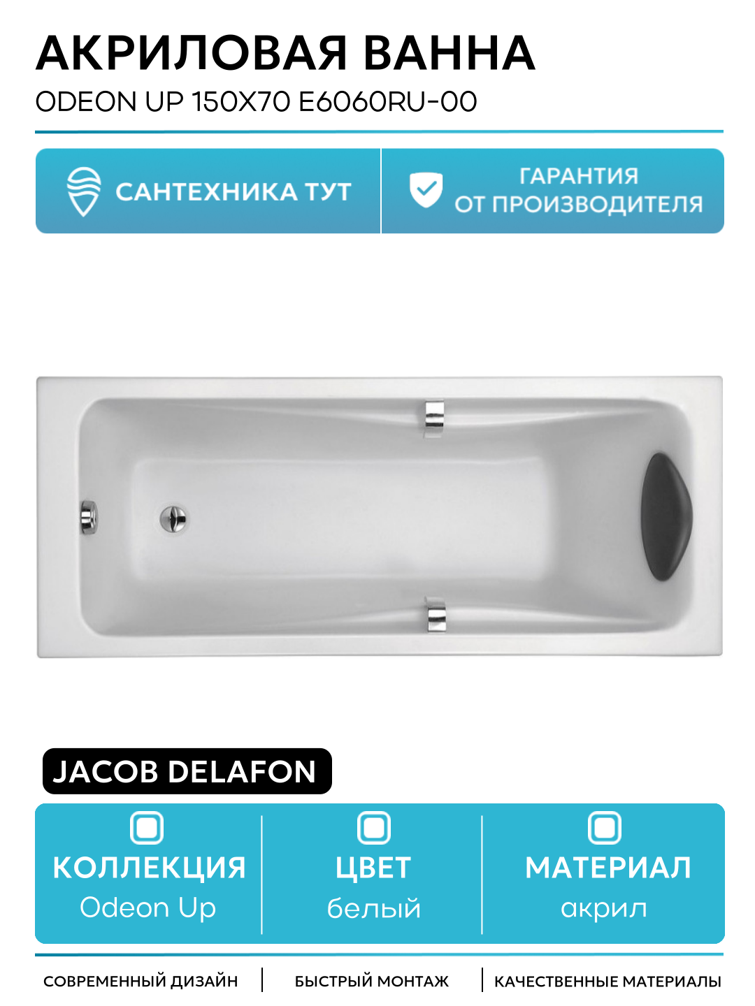 Акриловая ванна Jacob Delafon Odeon Up 150x70 E6060RU-00 без гидромассажа белый акрил