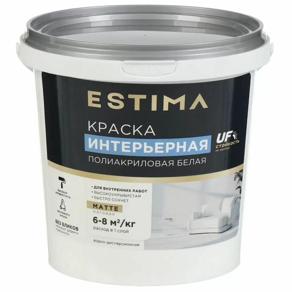Водно дисперсионная краска Estima полиакрил  интерьерная  матовая  белая  1 5 кг