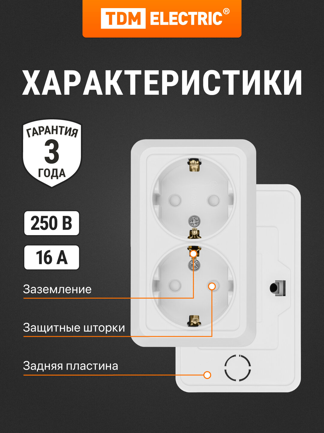 Розетка двойная 2П+З открытой установки с з/ш IP20 16А, белый "Ладога" TDM — фото 1