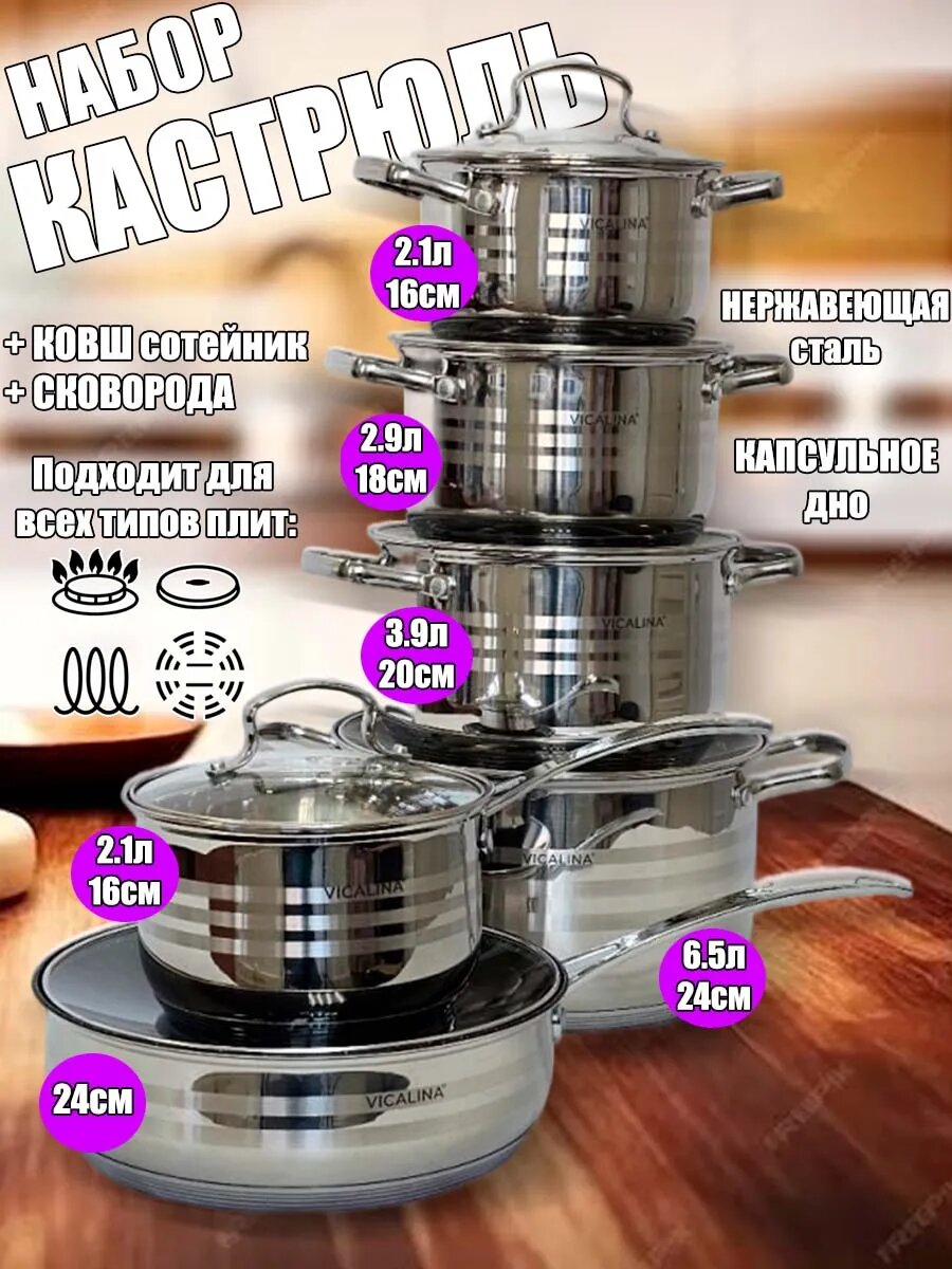 Кухонный набор кастрюль и сковородок с крышками