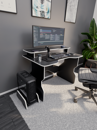 Изображение товара Игровой компьютерный стол для геймера черный с белой окантовкой с полкой под монитор106х73х75