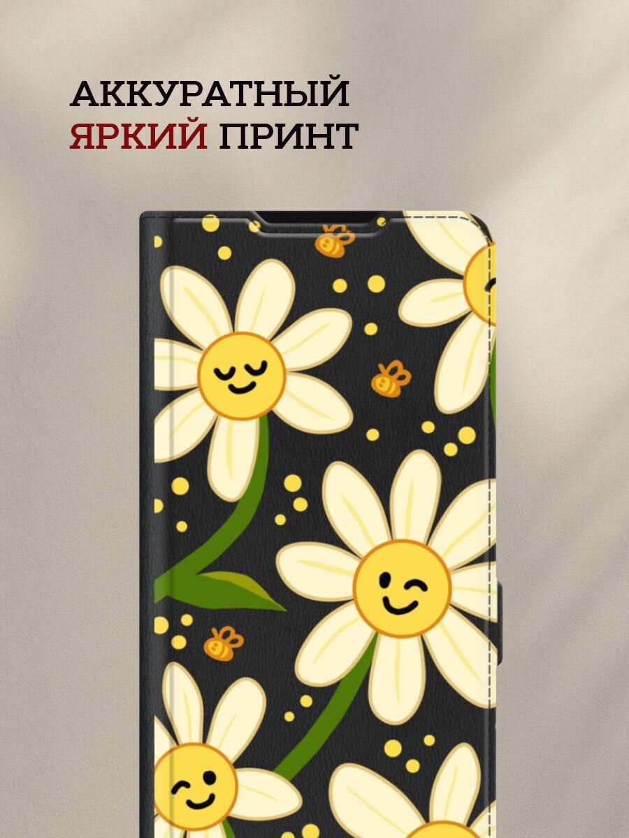 Чехол-книжка на Honor 90 Lite / Хонор 90 Лайт с принтом Эмоциональные ромашки, черный — фото 1