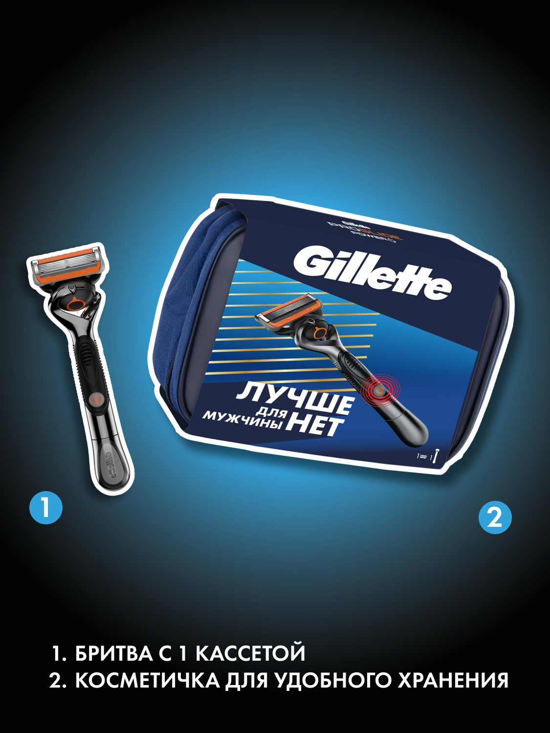 Подарочный мужской набор Gillette, бритва Gillette Proglide Power и дорожная косметичка — фото 1