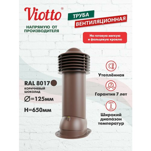 фото Труба вентиляционная viotto для готовой мягкой и фальцевой кровли, d-125мм, h-650мм, утепленная, коричневый шоколад ( ral 8017)