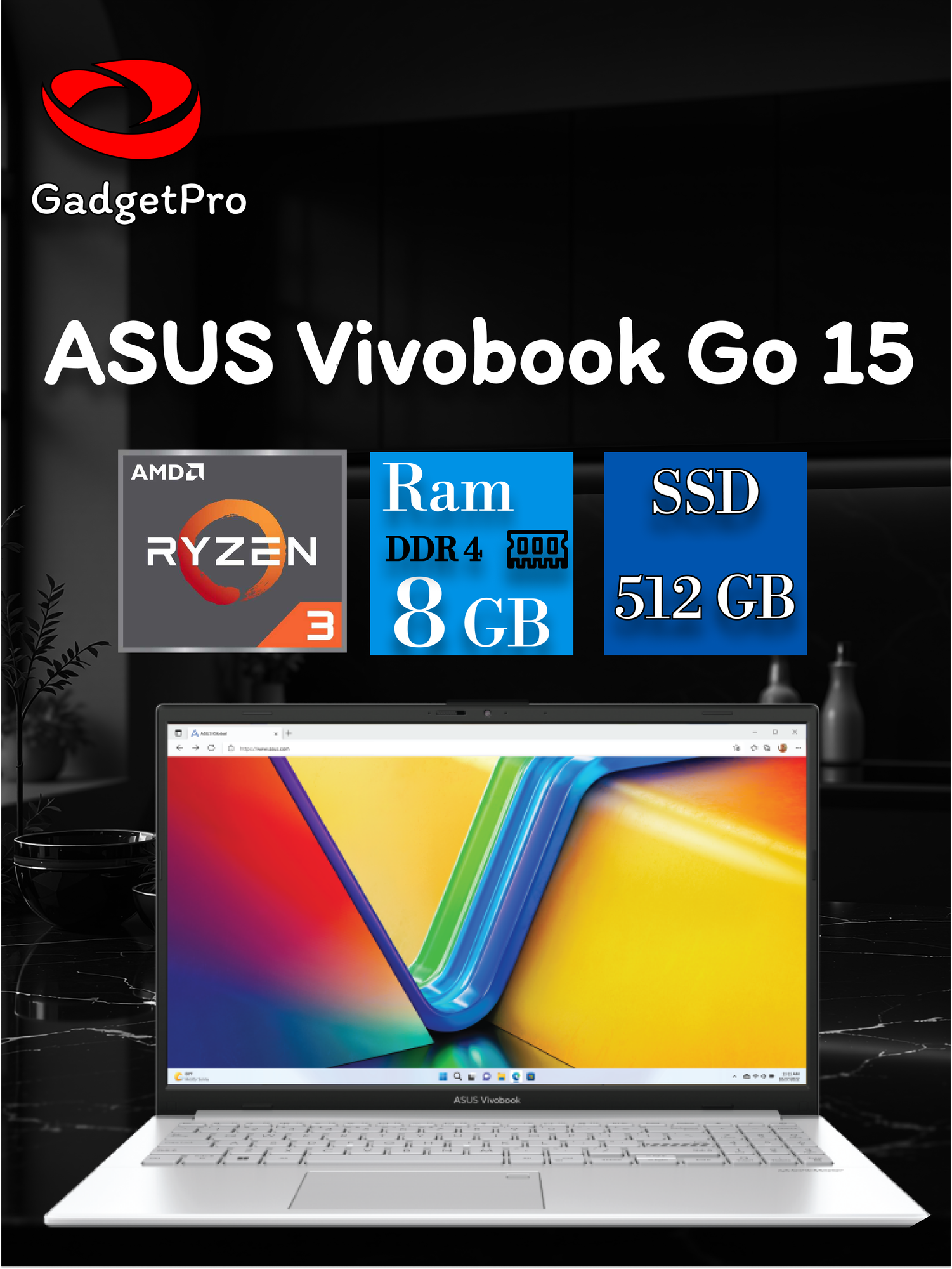 Ноутбук ASUS VivoBook Go 15 15.6" FHD IPS, AMD Ryzen 3 7320U, 8ГБ DDR5, SSD 512ГБ, AMD Radeon Graphics, без ОС, сереб