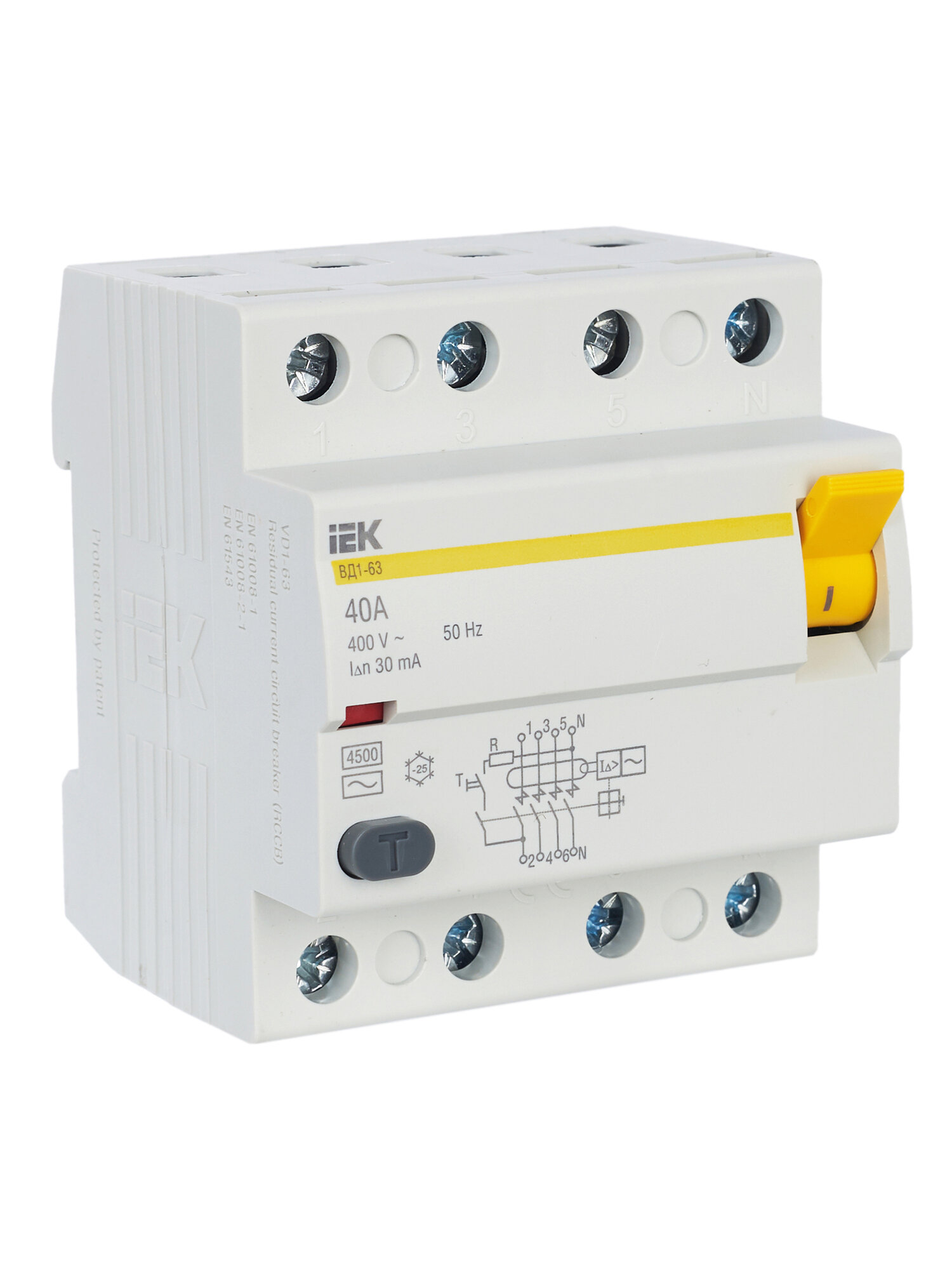 Выключатель дифференциальный (УЗО) IEK ВД1-63, 4Р, 40А, 30мА, 380В, электромеханический, IP20 — фото 1