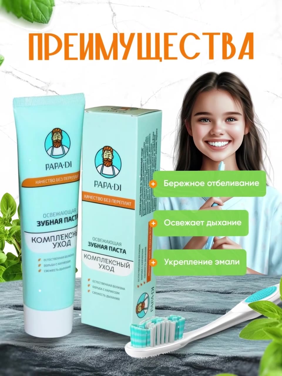 Зубная паста Papa Di "Комплексный Уход", отбеливающая, мятная, 100мл — фото 1