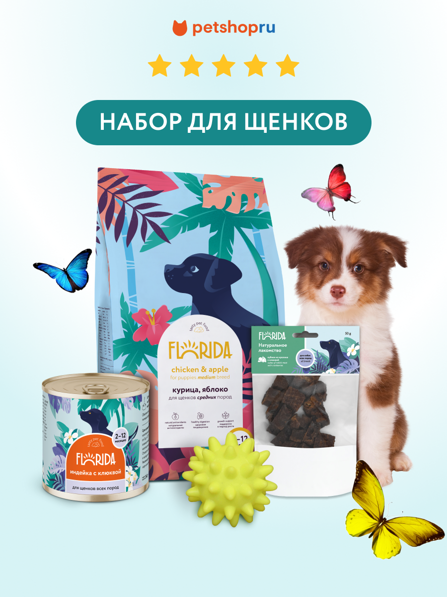 FLORIDA Набор, корм для щенков Puppy (сухой корм 1 кг, консервы, лакомство, игрушка)
