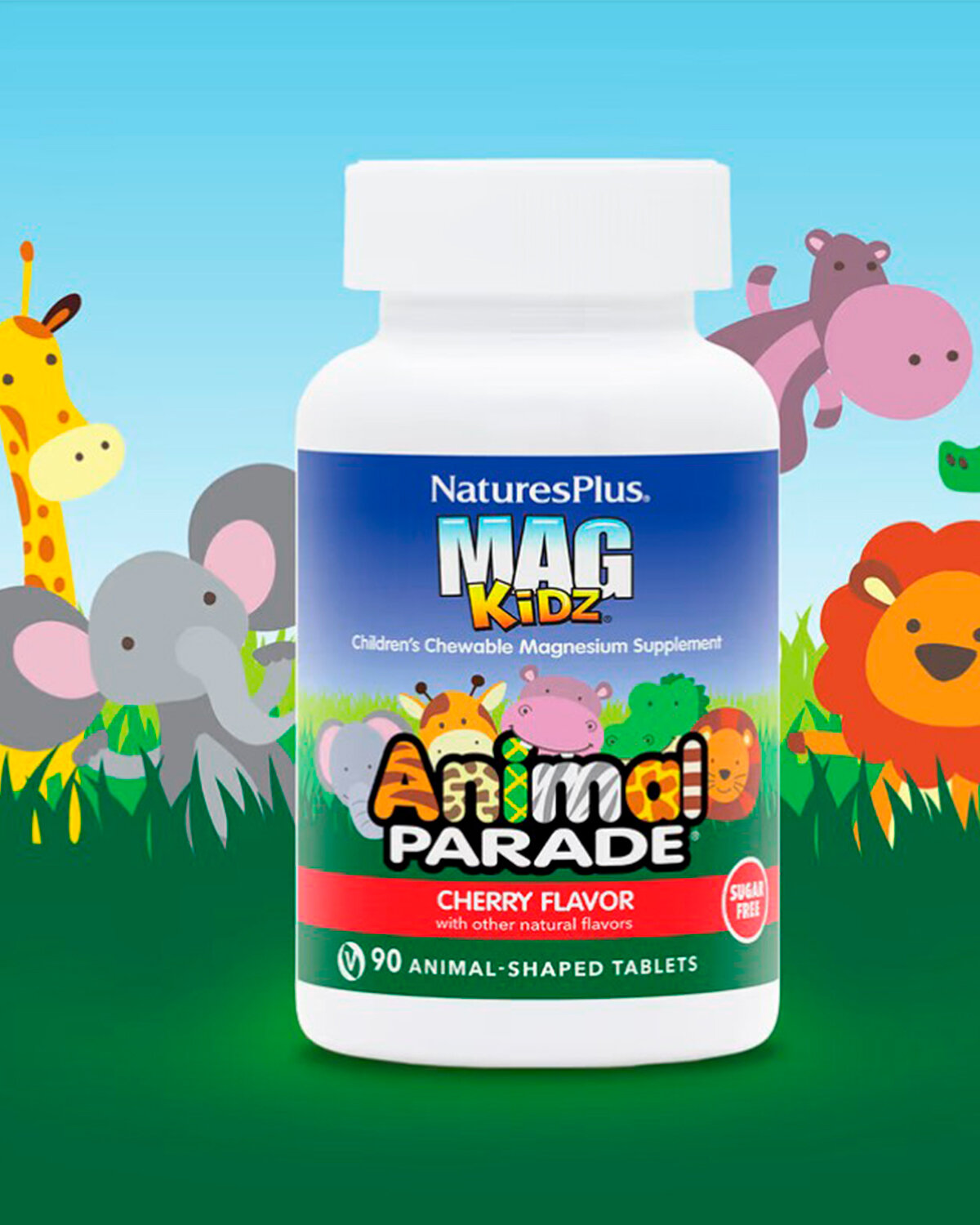 NaturesPlus MagKidz детский магний в жевательных таблетках натуральный вишневый вкус 90 таблеток в форме животных