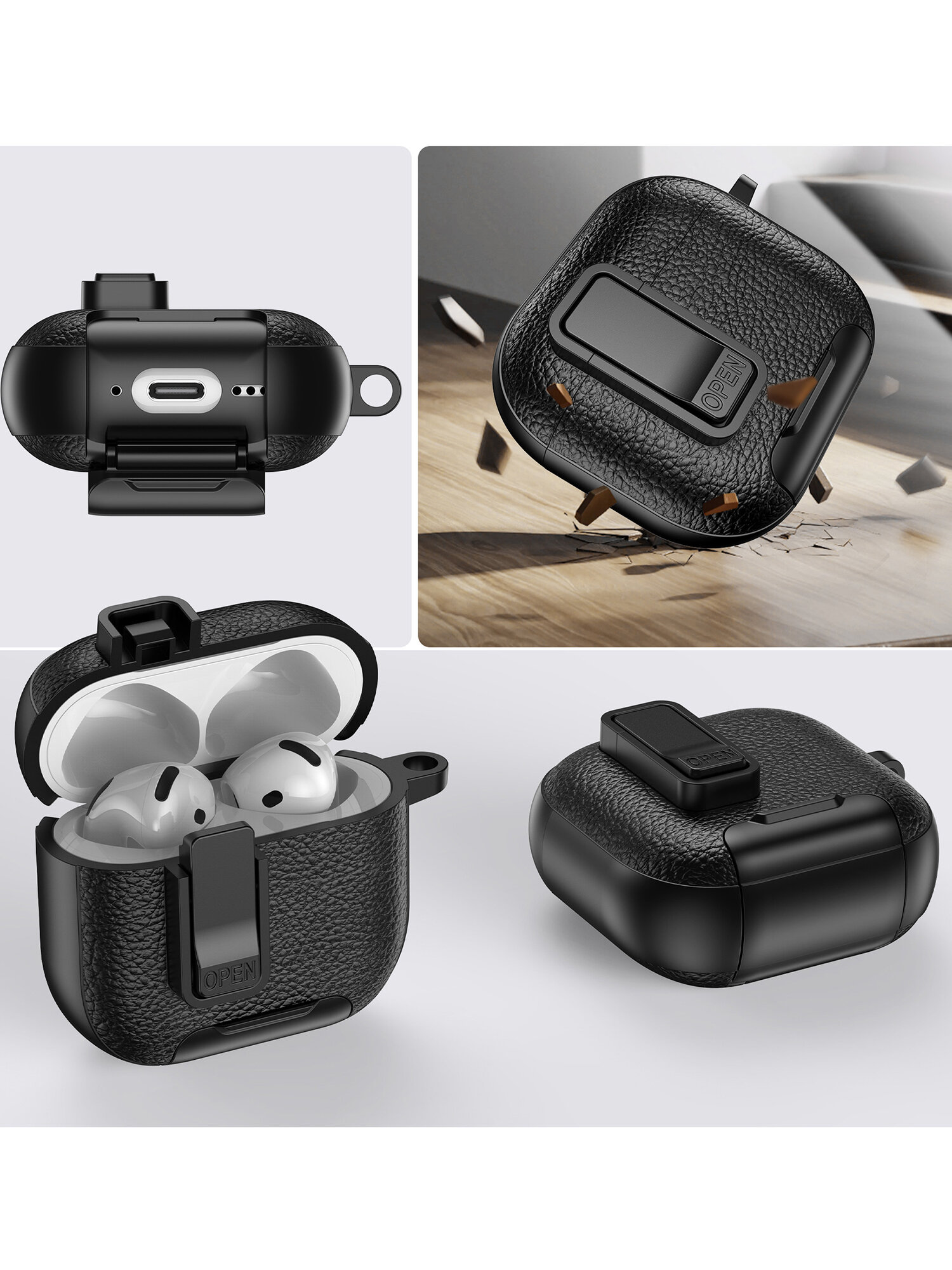 Чехол для наушников AirPods 4 (2024) пластик + эко кожа с замком и карабином + черная щетка, черный — фото 1