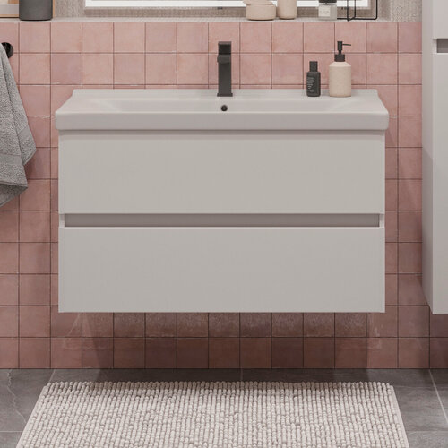 Изображение товара Тумба подвесная SanStar Велья 100 с раковиной Миранда 100 (комплект) для ванной комнаты, белая