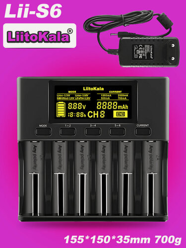 Изображение товара LiitoKala Lii-S6 18650 Зарядное устройство батареи 6-слот Авто-Полярность обнаруживает для батареи 26650 21700 14500 10440 16340 1,2 В 3,7 В