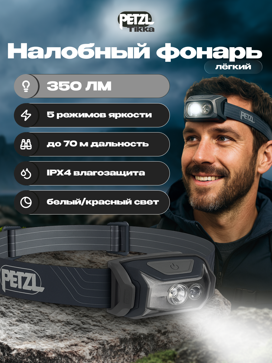 Налобный фонарь Petzl Tikka, серый