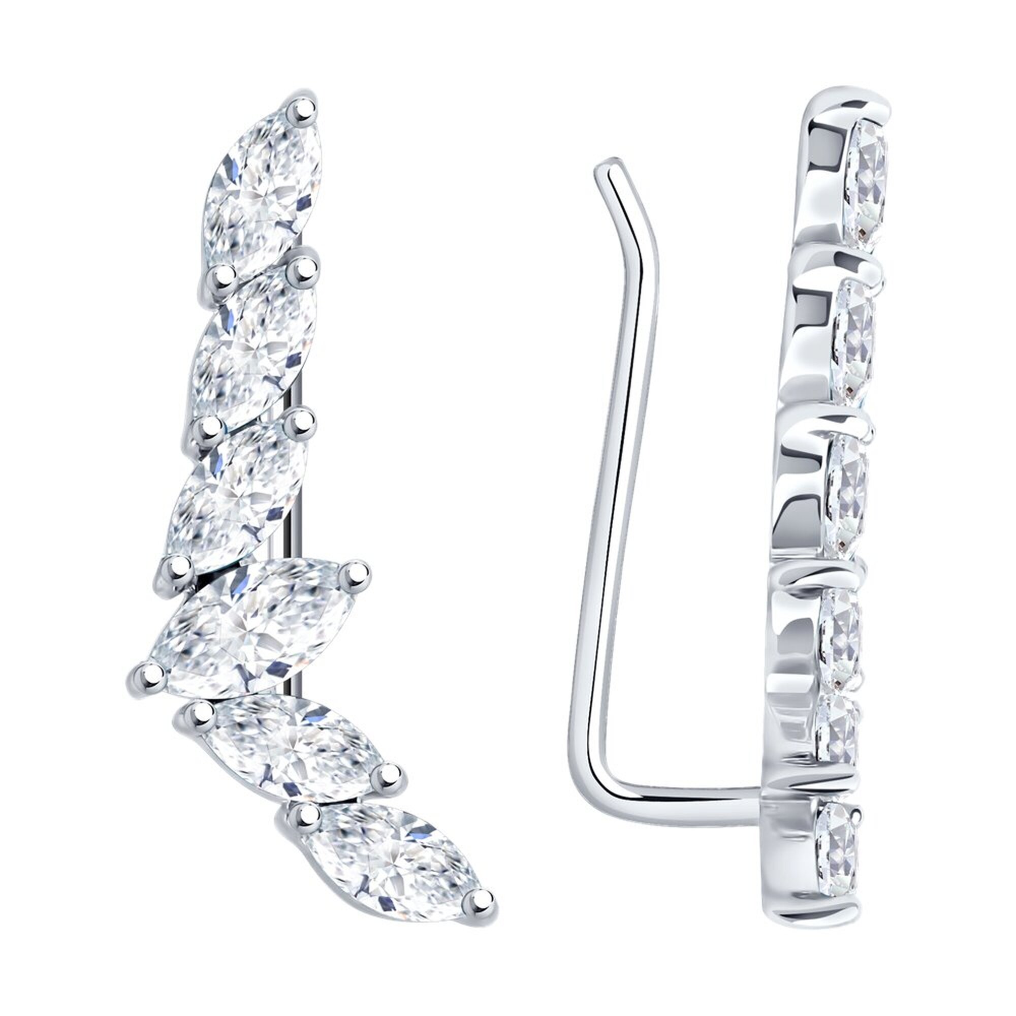 Серьги клаймберы, серебро, 925 проба, родирование, фианит