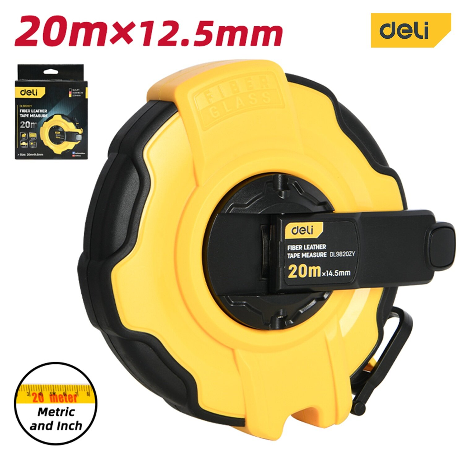 Мерная лента Deli DL9820ZY (20м*14.5мм ударопрочный корпус полотно из стекловолокна и ПВХ)