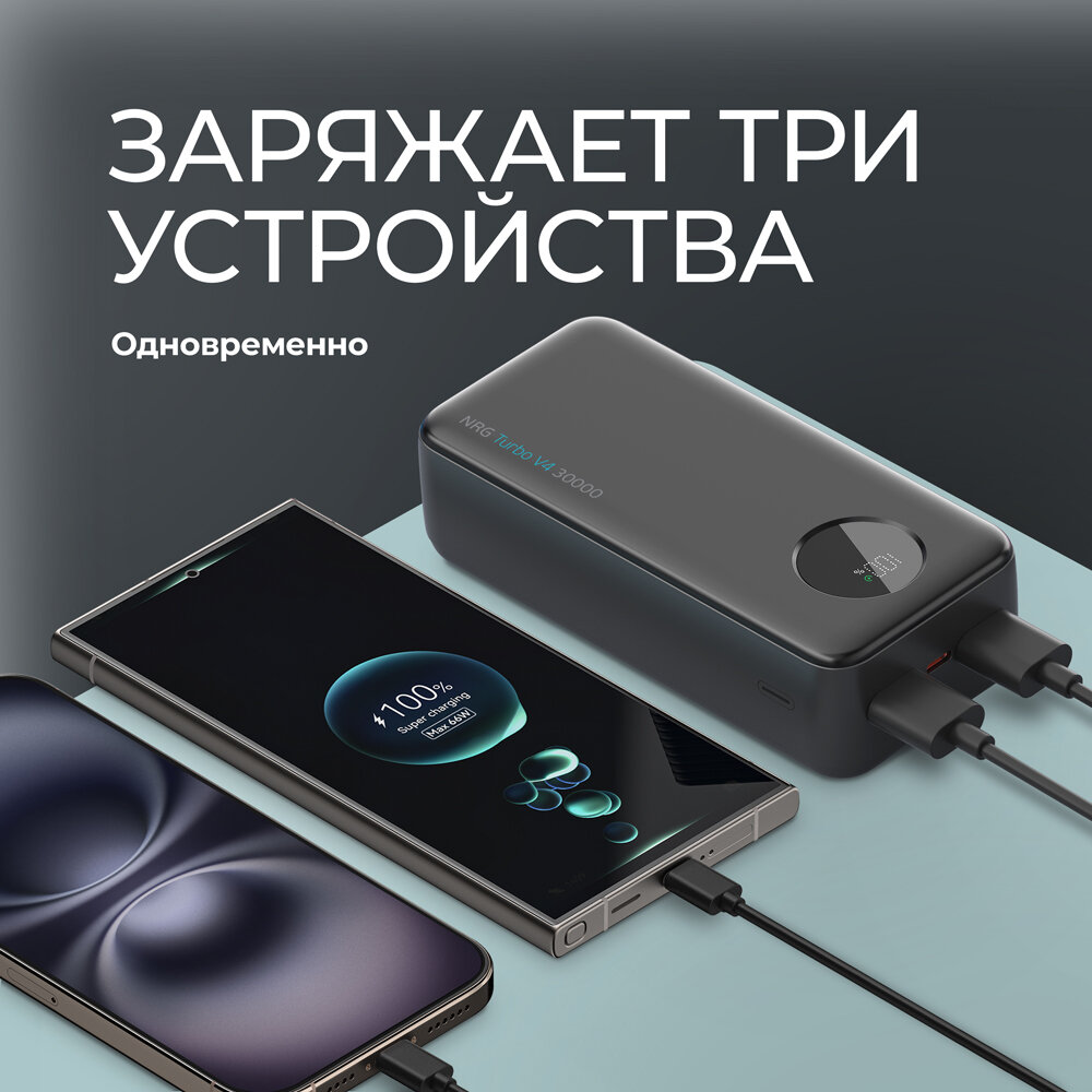 Внешний аккумулятор NRG Turbo V4 30000 мА-ч, дисплей, powerbank черный, Deppa, 33683 — фото 1