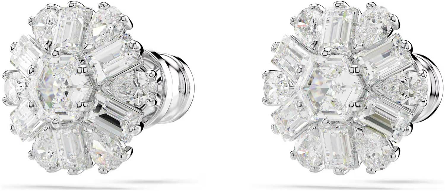 Серьги пусеты SWAROVSKI, кристаллы Swarovski, размер 11 мм, серебряный, белый — фото 1