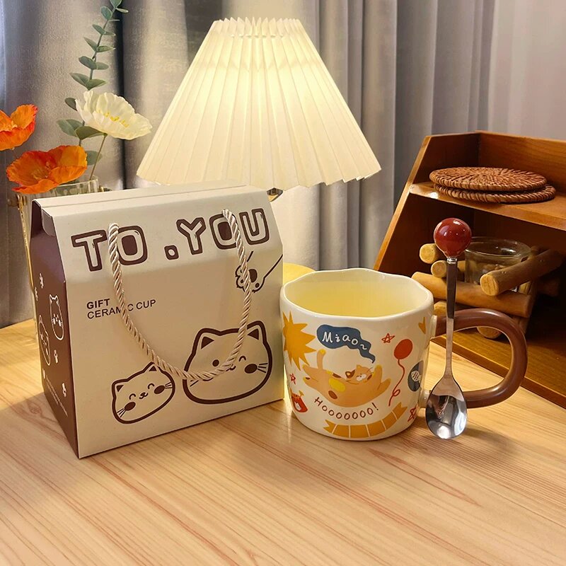 Подарочная коробка с котом с керамической кружкой Miao~ и ложкой, подарок с очаровательным дизайном кота