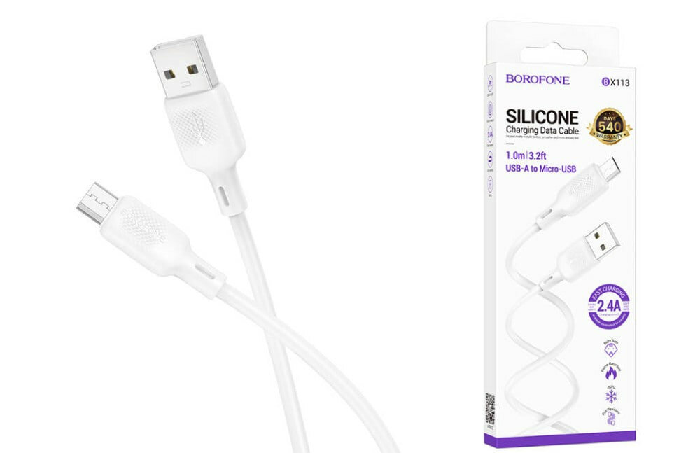 BOROFONE BX113 USB-Micro USB silikon zaryadlash va ma'lumot kabeli, uzunligi: 1 m (oq)