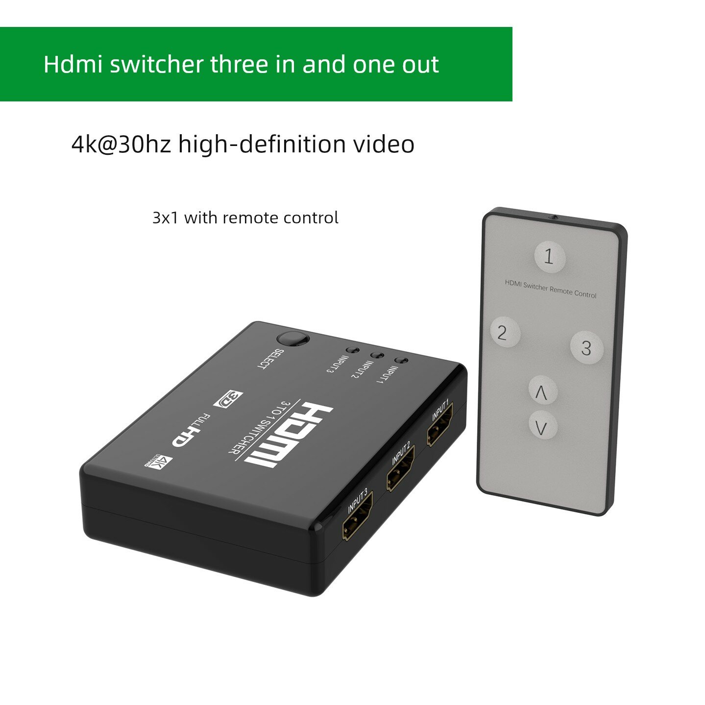 HDMI 3-в-1 Переключатель 4K30, Черный, только пульт ДУ для ПК, ноутбука, стриминговых устройств