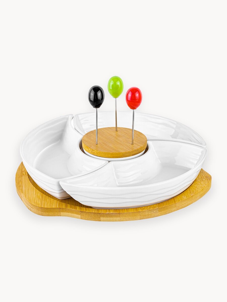 Блюдо-менажница Elan Gallery "Айсберг волны" для закусок, 25x25, 3 секции, 3 шпажки,