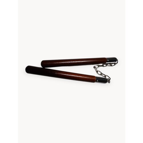 Нунчаки коричневые 30см деревянные из натурального целого бруса тренировочные гладкие покрытые лаком со стальной цепью и стальными креплениями на шурупах с вращением основания цепи AVN.