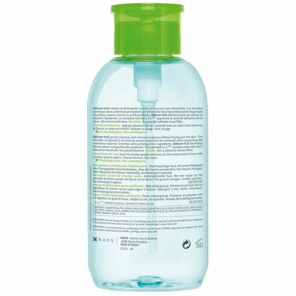 BIODERMA Мицеллярная вода очищающая для жирной и проблемной кожи лица Sebium H2O (помпа), 500 мл — фото 1